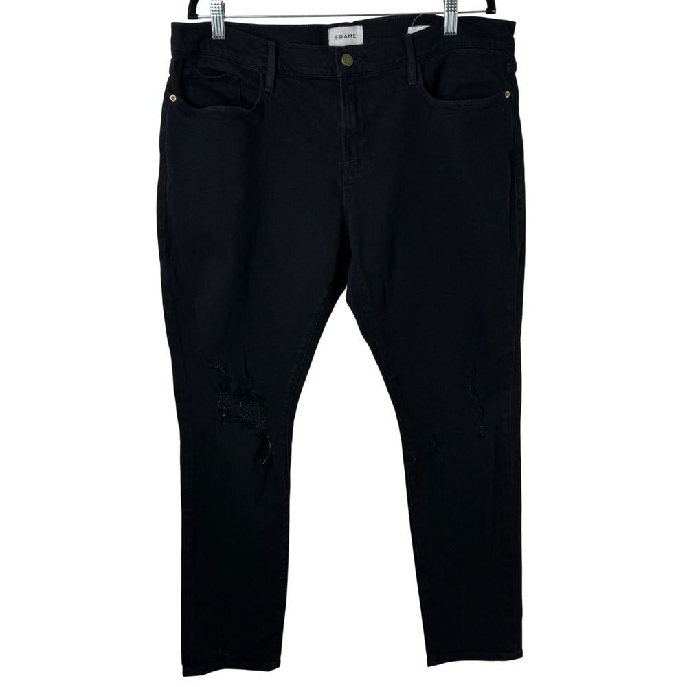 FRAME Le Garcon Jeans Women‎ 32 Black Distressed Slim Boyfriend Denim